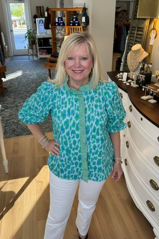 Blue and green cheetah top